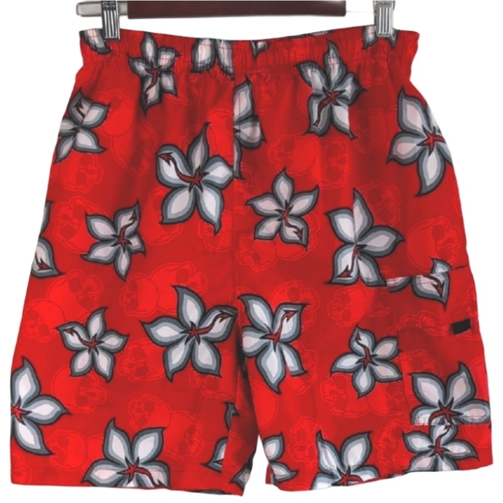 FTX Swimwear Men's Small Red Flower Skull Pattern Adjustable Net Swim Trunks